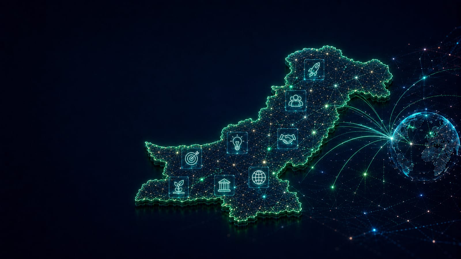 Illustrated map of Pakistan as a glowing network, linked to a globe, with icons for startups, funding, agriculture and partnerships